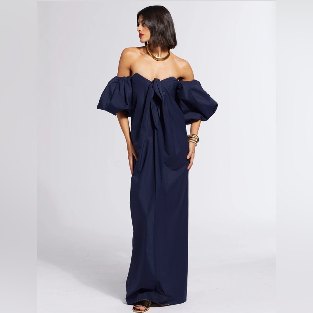 CAROLINE CONSTAS Iconic Palmer Reyna Dress Strapless in Navy Puffy sleeves